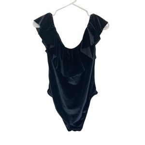 Trina Turk Bodysuit Womens Size 6 Black Blouse Top of the Shoulder Ruffle